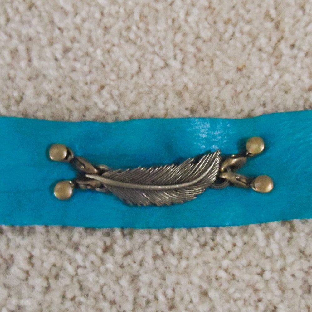 Teal Geniune Leather Cuff  bracelet with feather buckle